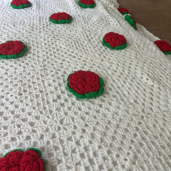Vintage Boho Crochet Blanket with Red and Green Floral Rose Accents 104 inchX93 - Picture 4 of 16